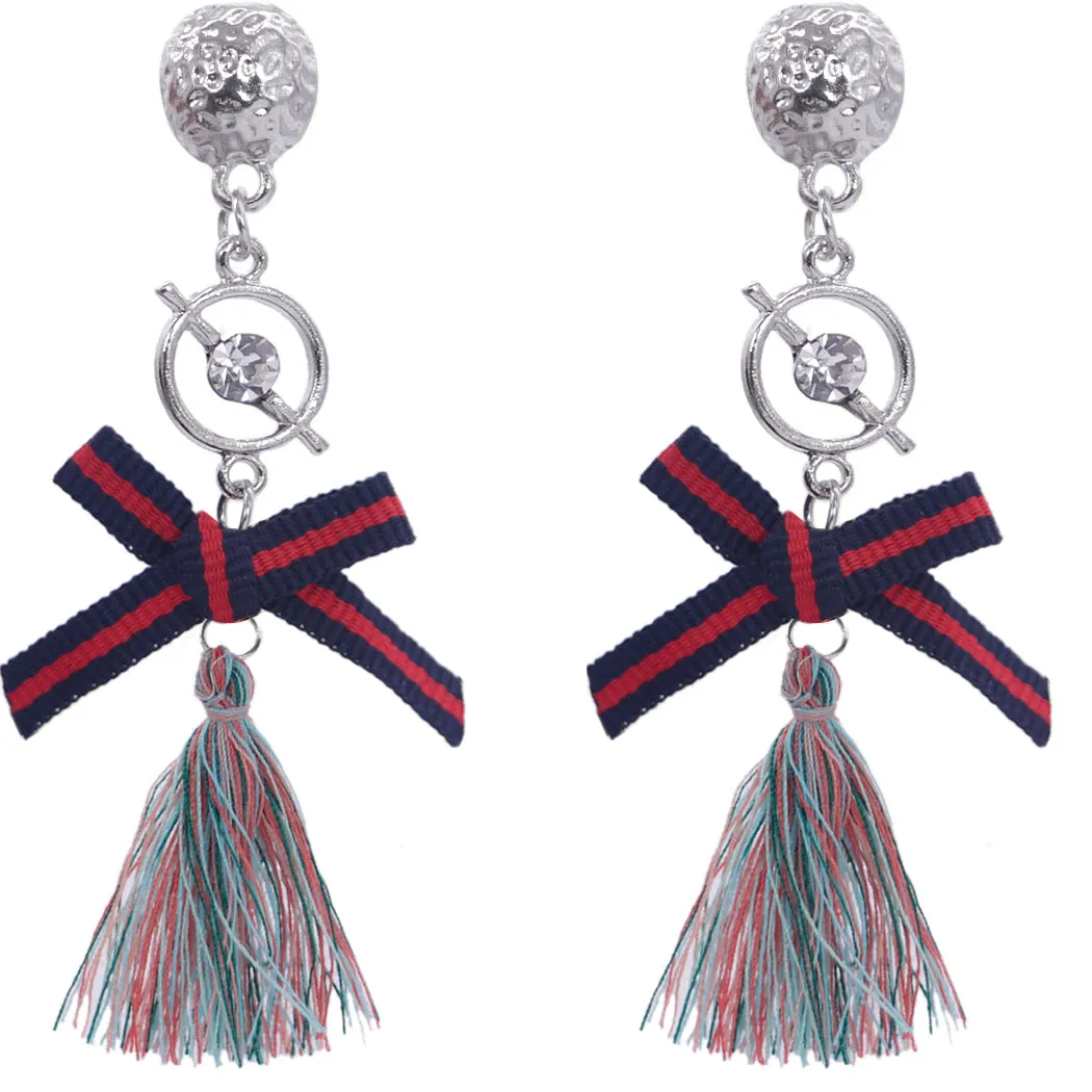 Blue Multicolor Ribbon Bow Tassel Dangle Earrings
