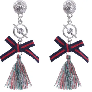 Blue Multicolor Ribbon Bow Tassel Dangle Earrings