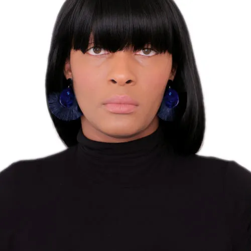 Blue Oval Fan Tassel Earrings