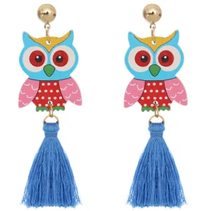 Blue Wooden Owl Tassel Earrings