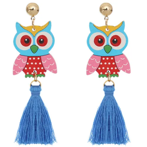 Blue Wooden Owl Tassel Earrings
