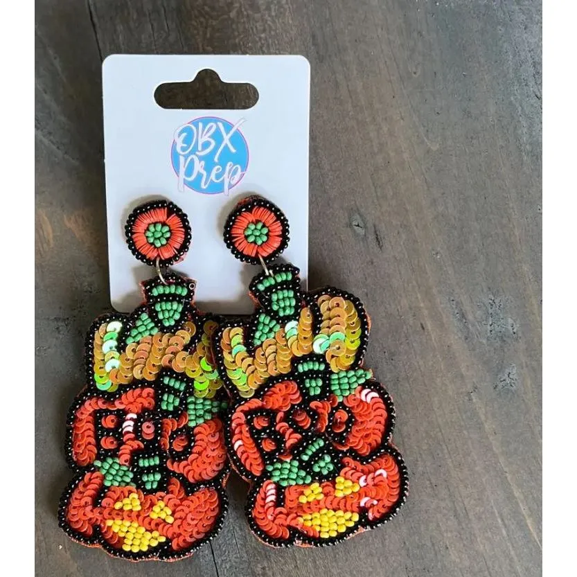 Boo Triple Pumpkins Seed Bead Dangle Earrings.