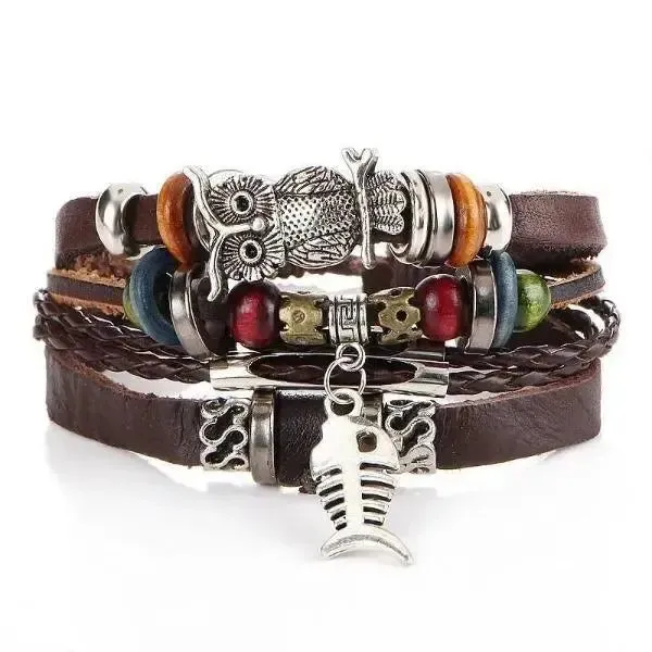 Bracelet en cuir pour homme à breloques