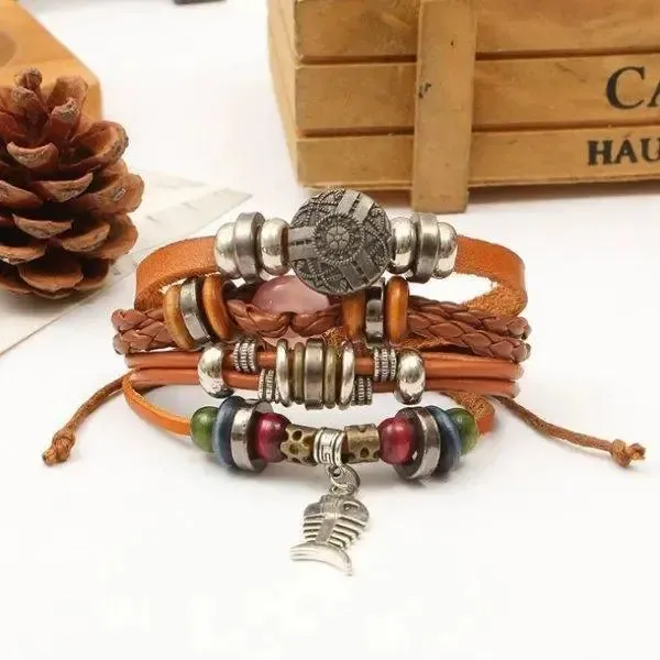 Bracelet en cuir pour homme à breloques