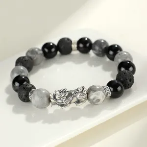 Buddha Stones 999 Sterling Silver PiXiu Black Onyx Grey Jasper Lava Rock Protection Bracelet