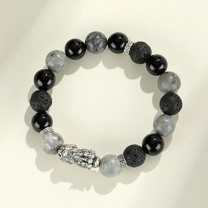 Buddha Stones 999 Sterling Silver PiXiu Black Onyx Grey Jasper Lava Rock Protection Bracelet