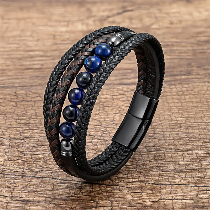 Buddha Stones Tiger Eye Lava Rock Black Onyx Lazurite Hematite Bead Positive Leather Bracelet