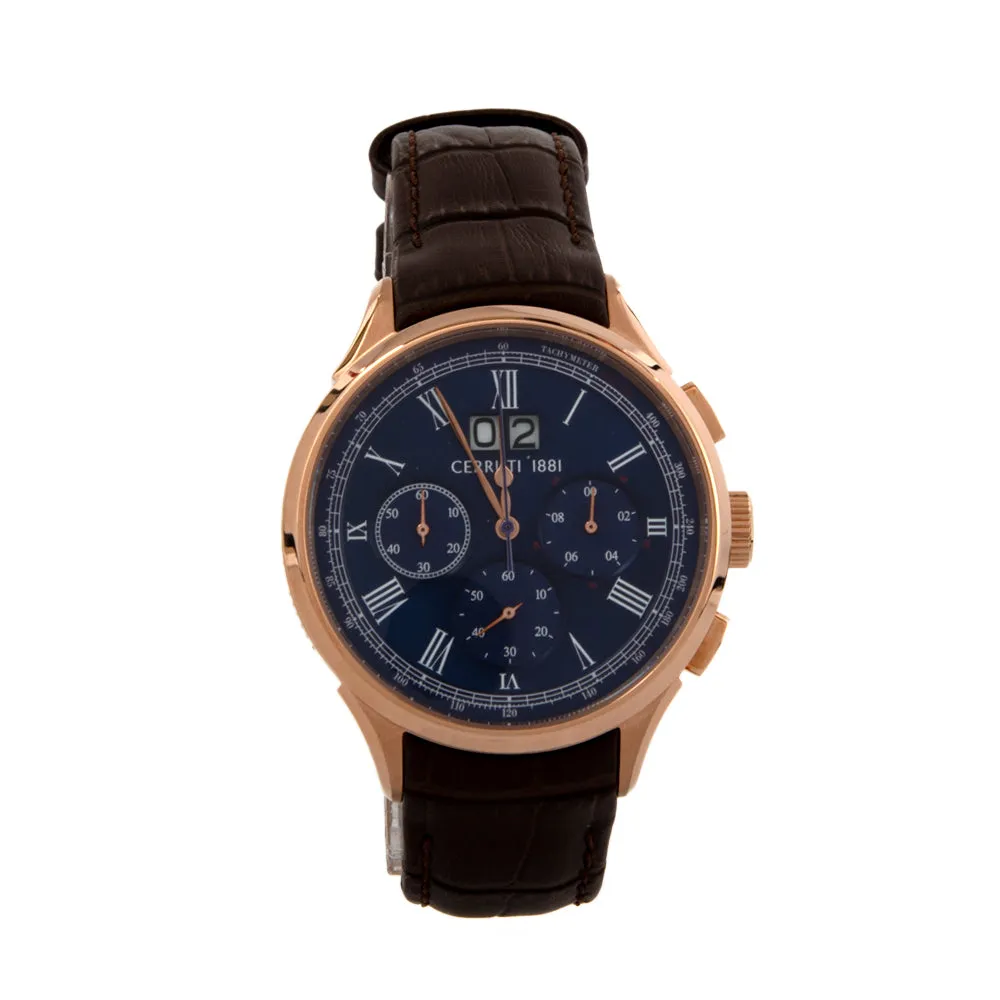 Cerruti Men's Watch CrnonographÂ / Rose Gold Plated Case WithÂ Blue Dial & Brown Leather Strap