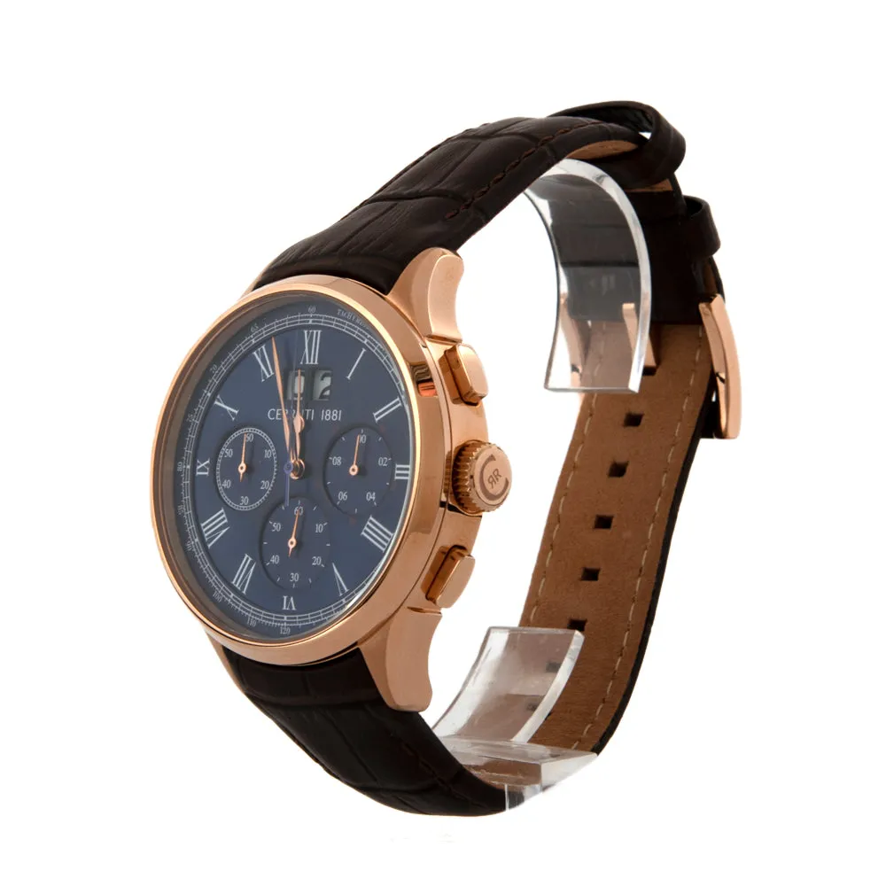 Cerruti Men's Watch CrnonographÂ / Rose Gold Plated Case WithÂ Blue Dial & Brown Leather Strap