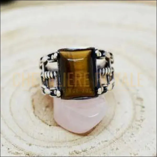 Chevalière homme argent pierre œil de tigre design biker