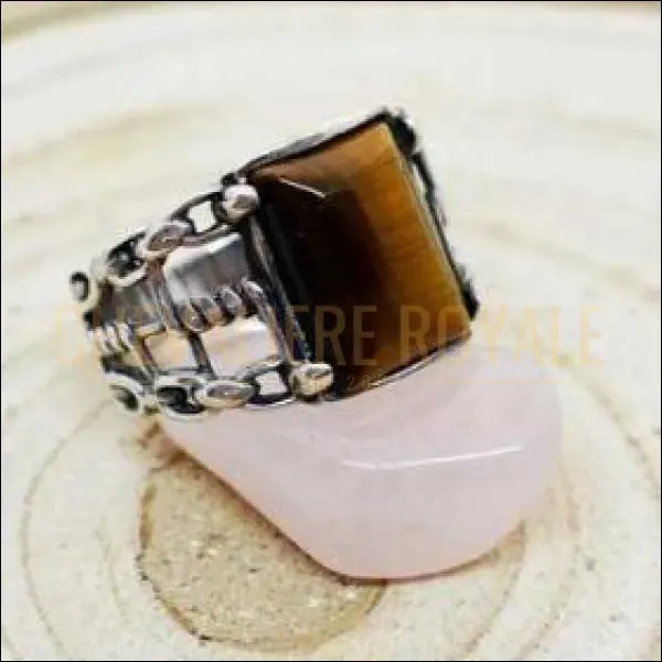 Chevalière homme argent pierre œil de tigre design biker