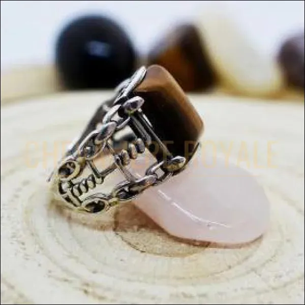 Chevalière homme argent pierre œil de tigre design biker