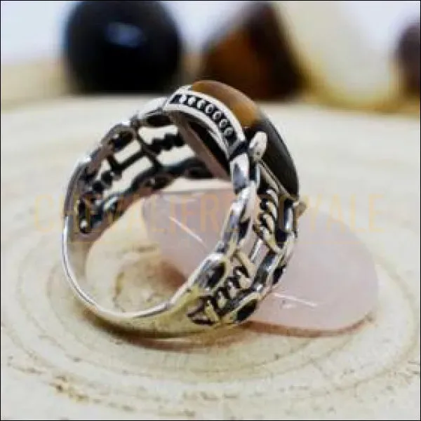 Chevalière homme argent pierre œil de tigre design biker