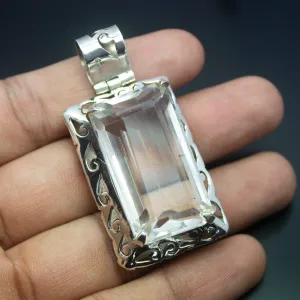 Christmas Gift,  25.5g, Totally Handmade Natural White Quartz Rectangle Shape 925 Sterling Silver Pendant