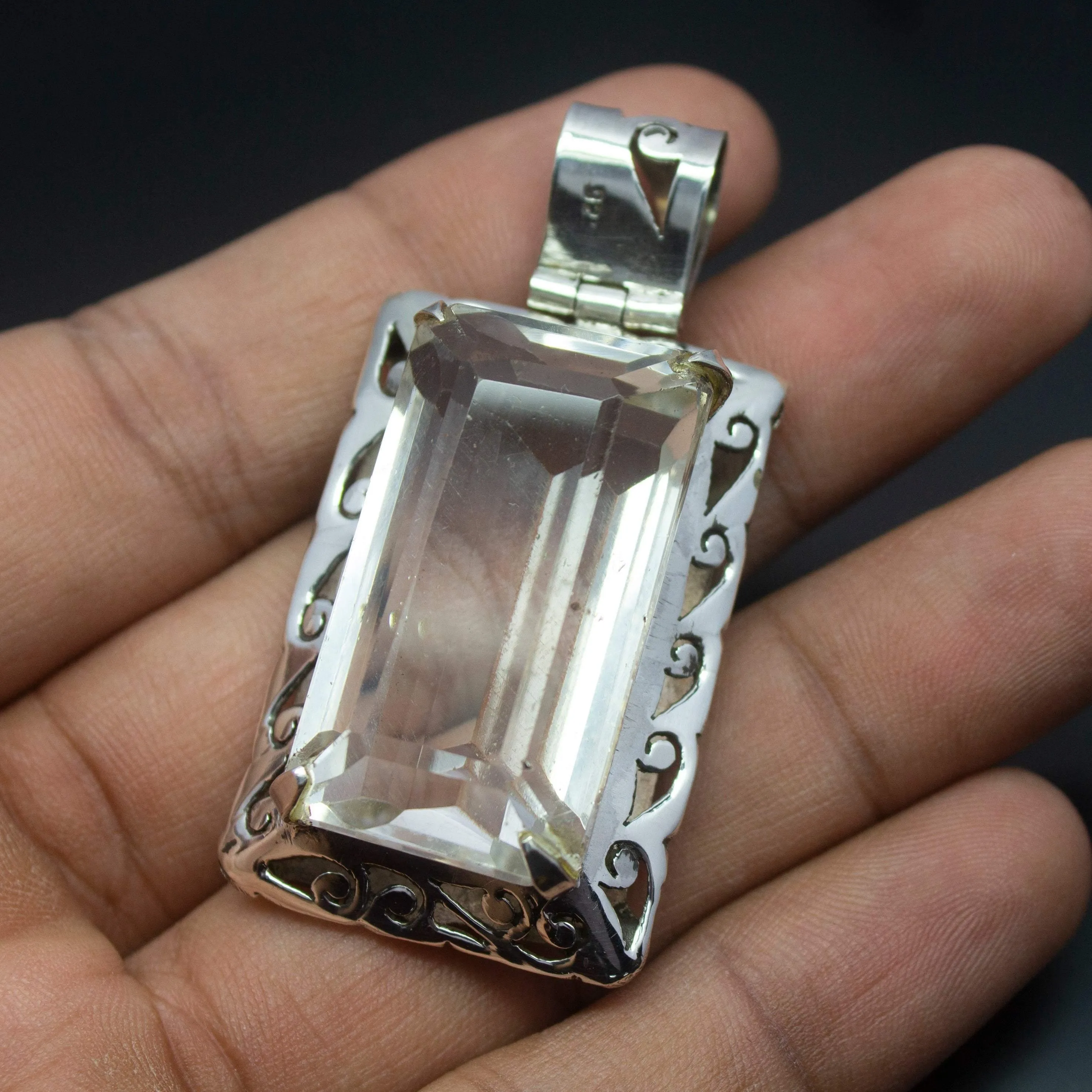 Christmas Gift,  25.5g, Totally Handmade Natural White Quartz Rectangle Shape 925 Sterling Silver Pendant