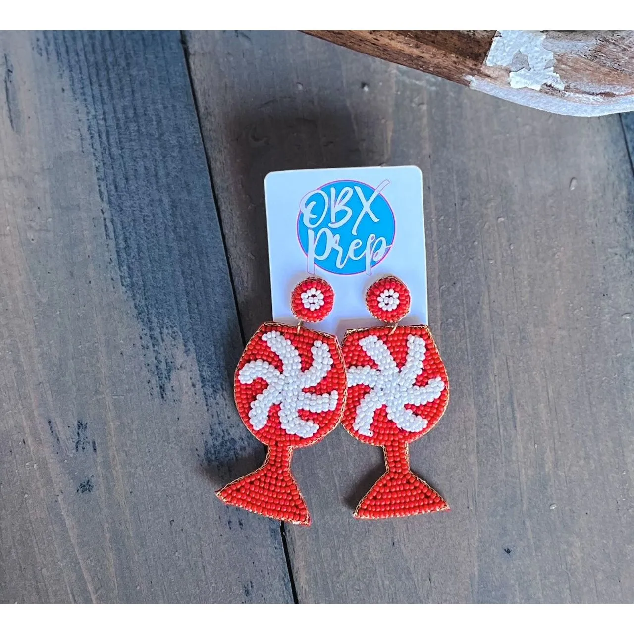 Christmas Snowflake Wine Glass Seed Beaded Earrings.