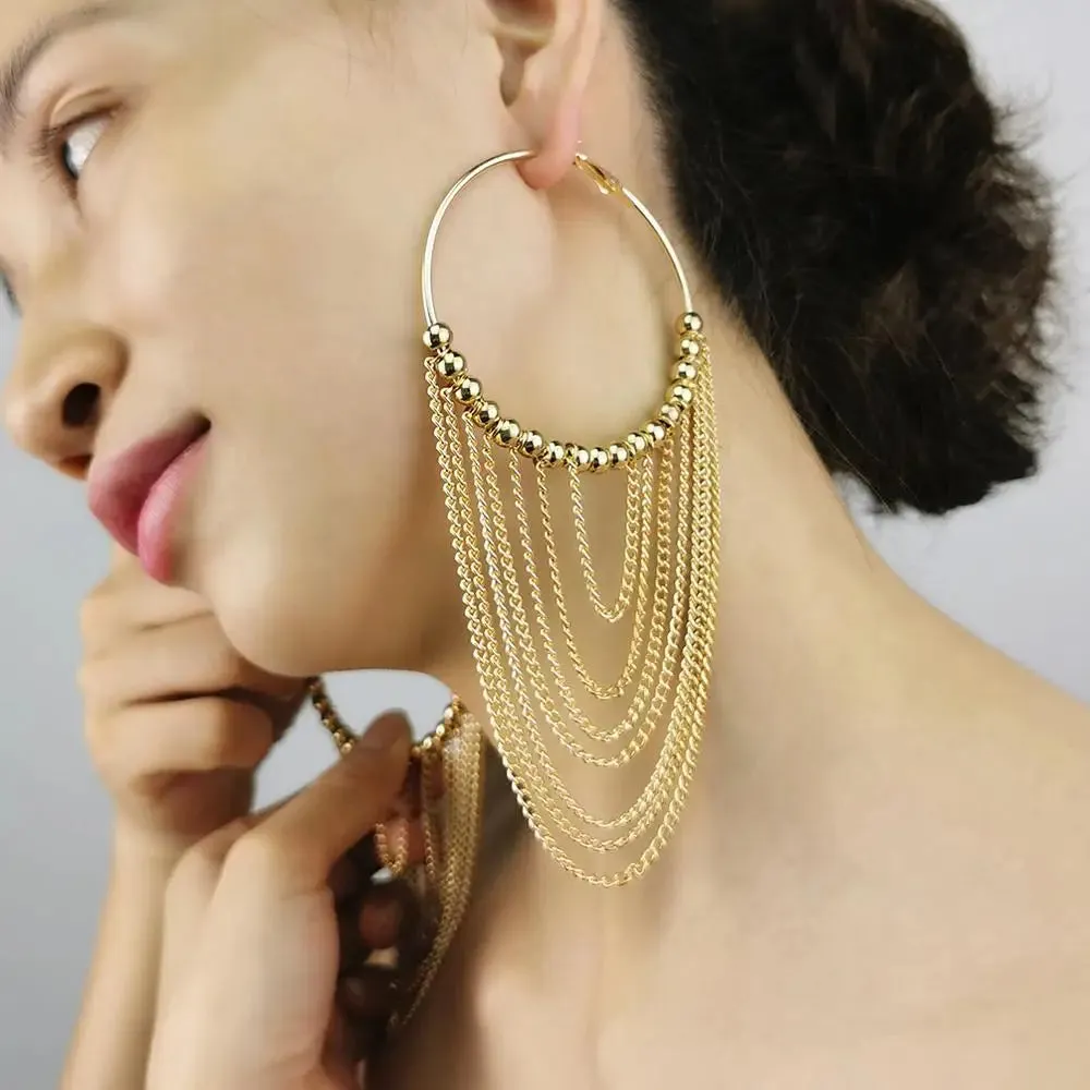 Circular Metal Long Tassel Earrings For Women Indian Jewelry Chain Dangle Earrings Gold Color Ball