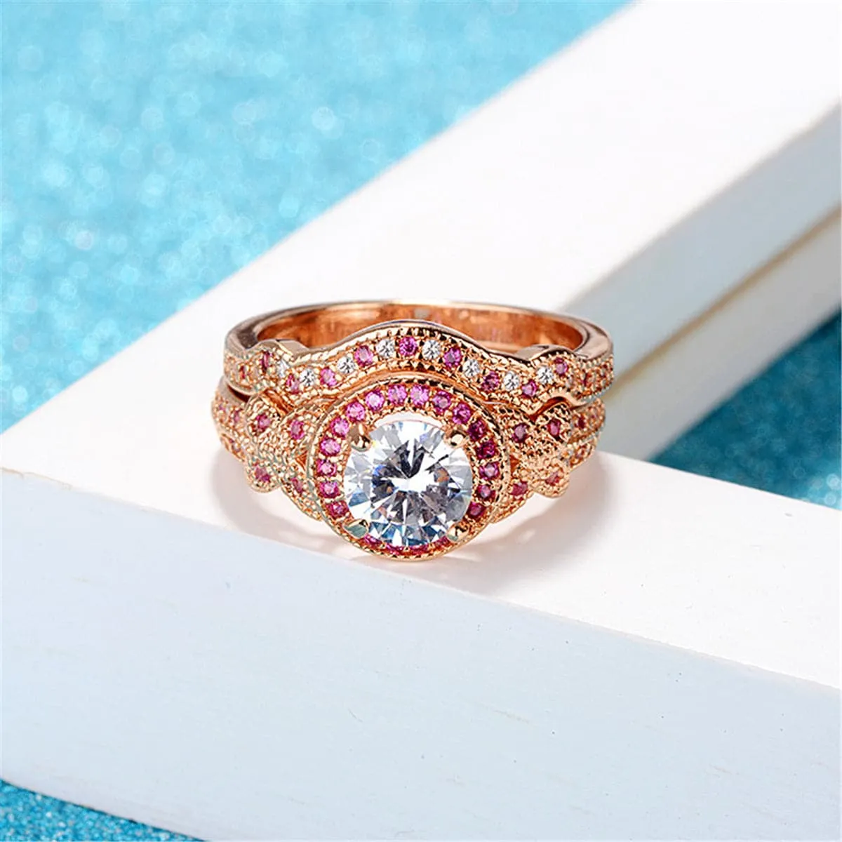 Clear Crystal & Red Cubic Zirconia Hola Ring Set