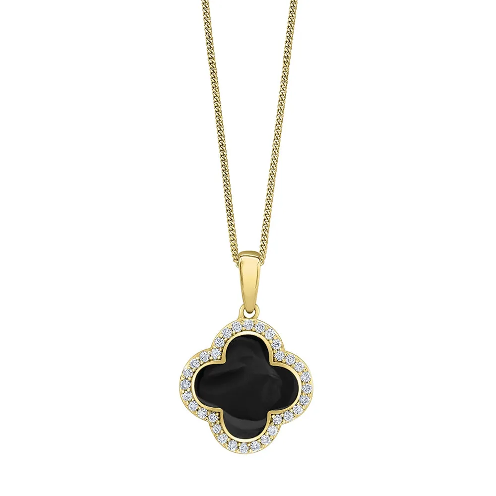 Cloverleaf Black Onyx Pendant with Diamond Halo