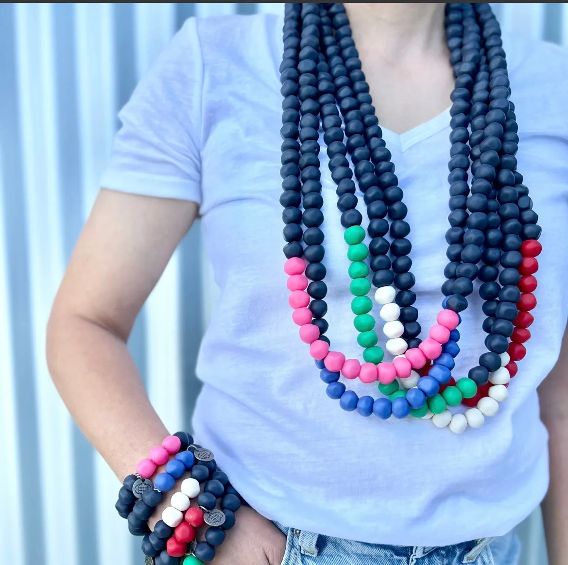 COLOUR BLOCK ROCK NECKLACE NAVY/ RED