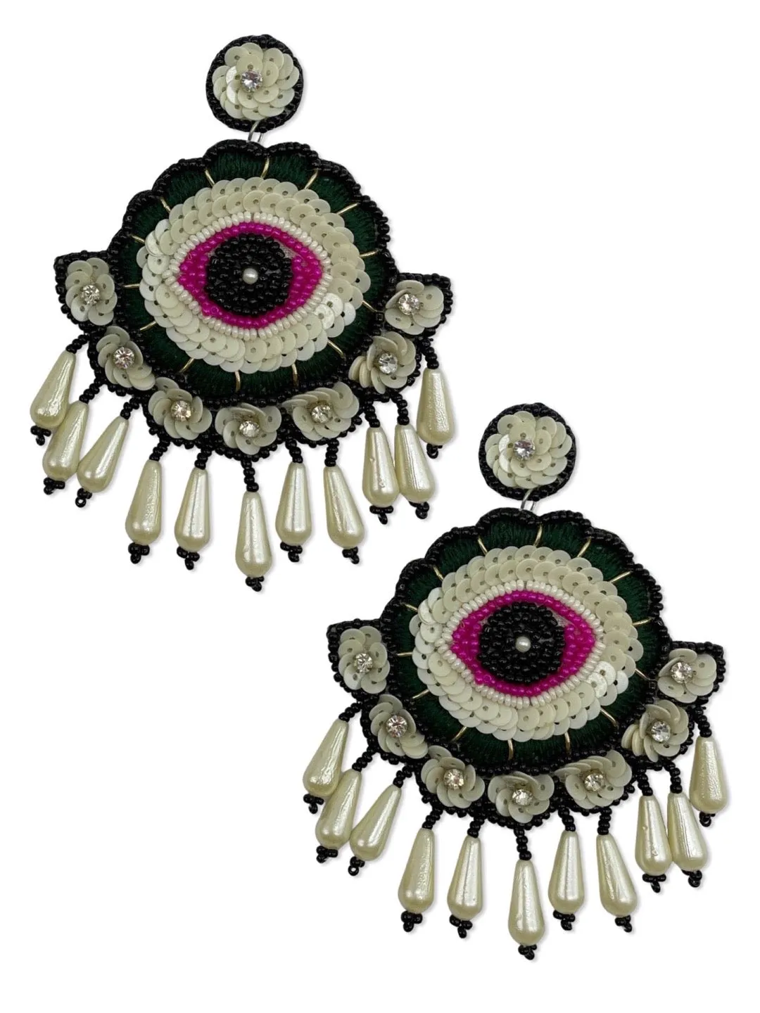Colourful Beaded Flower Evil Eye Earrings With Pearls