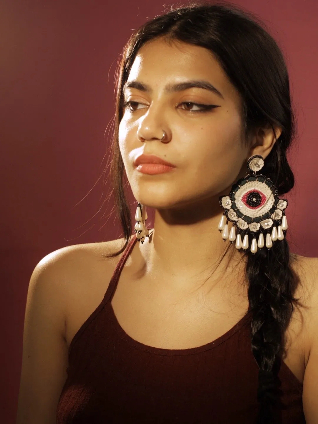Colourful Beaded Flower Evil Eye Earrings With Pearls