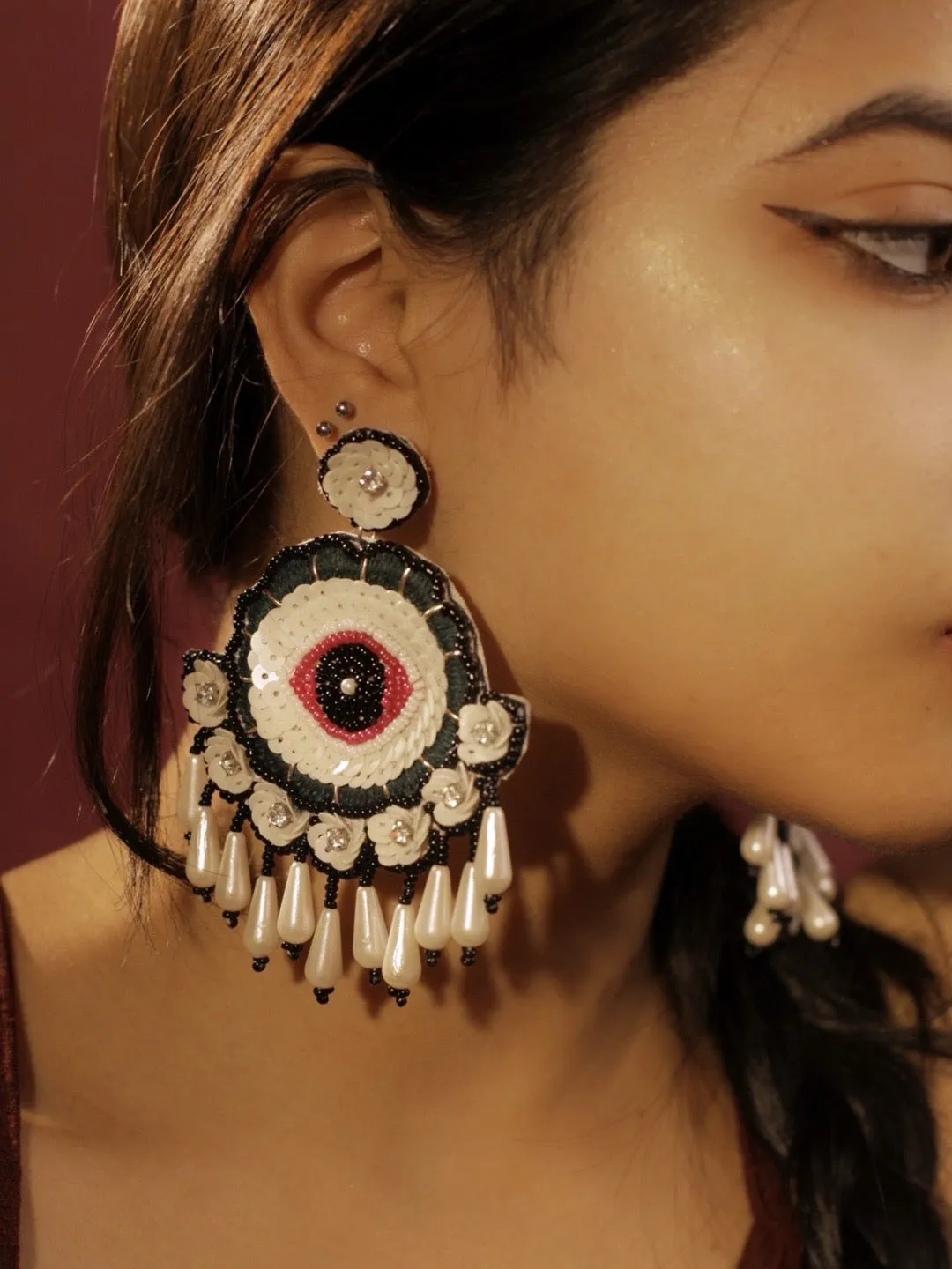 Colourful Beaded Flower Evil Eye Earrings With Pearls