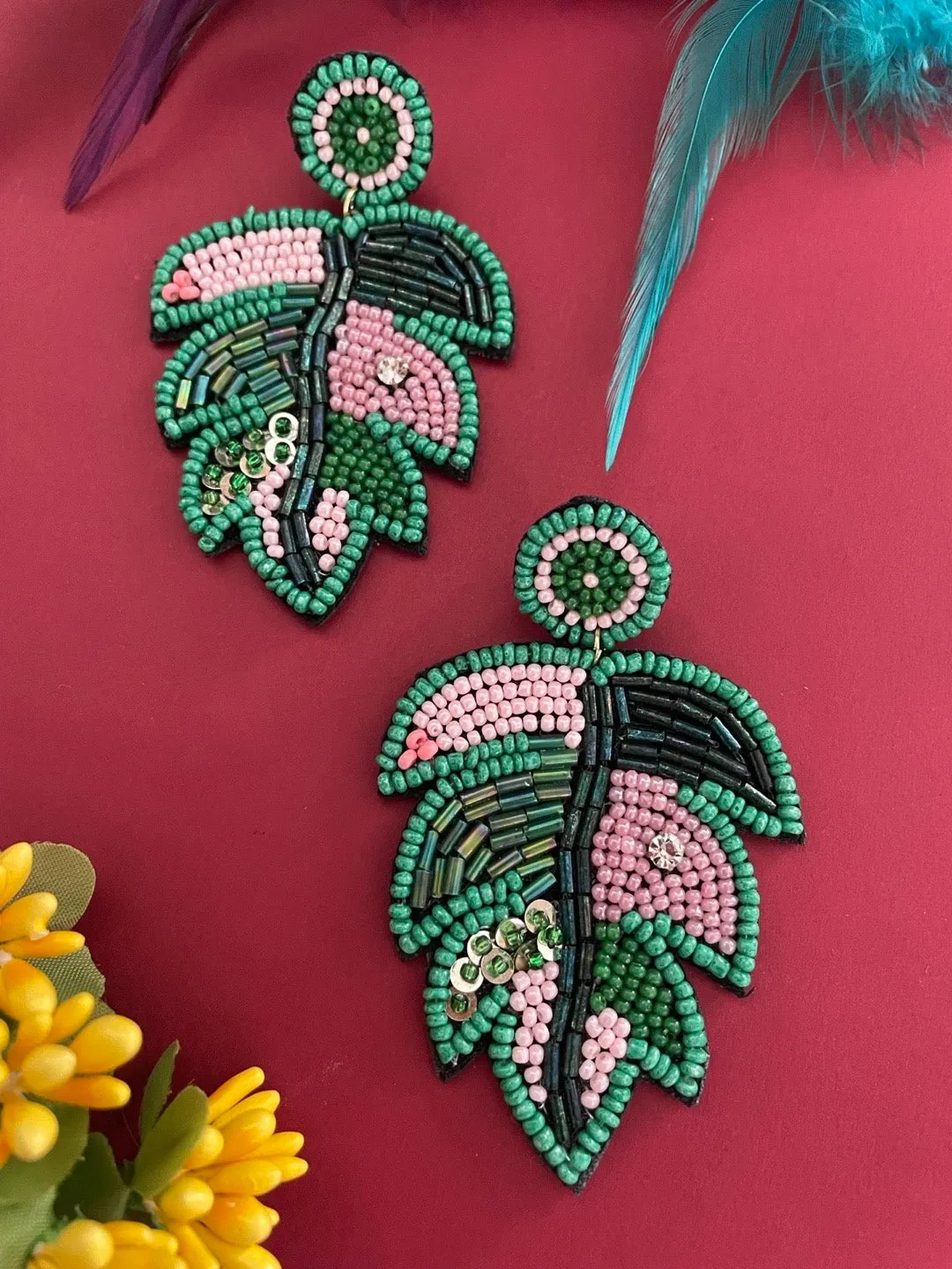 Colourful Beaded Leaf Earrings