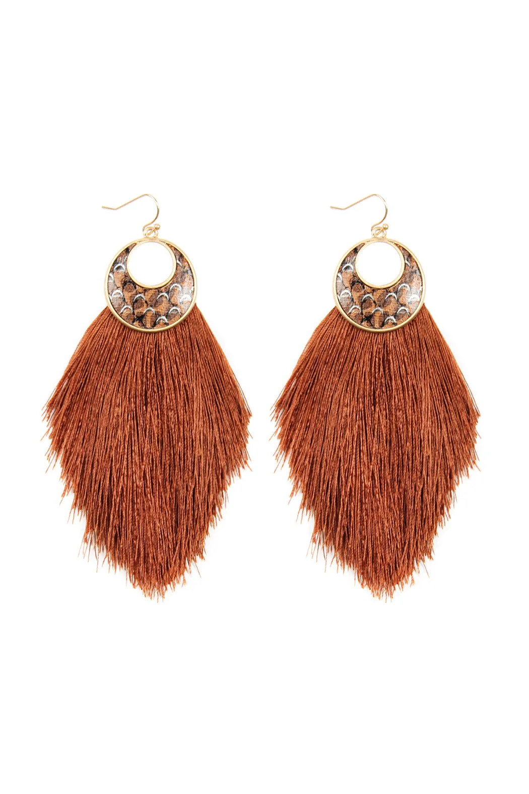 CRESCENT SHAPE SNAKE PRINT TASSEL EARRINGS
