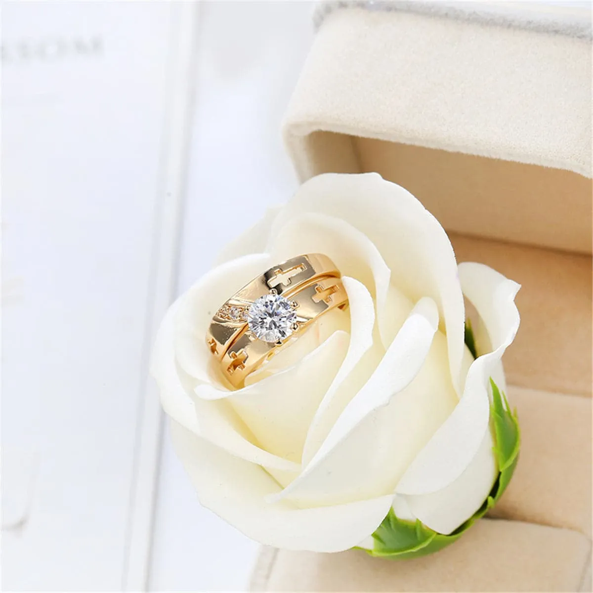 Crystal & Cubic Zirconia 18K Gold-Plated Cross Ring Set