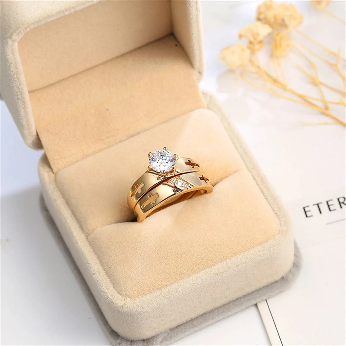Crystal & Cubic Zirconia 18K Gold-Plated Cross Ring Set