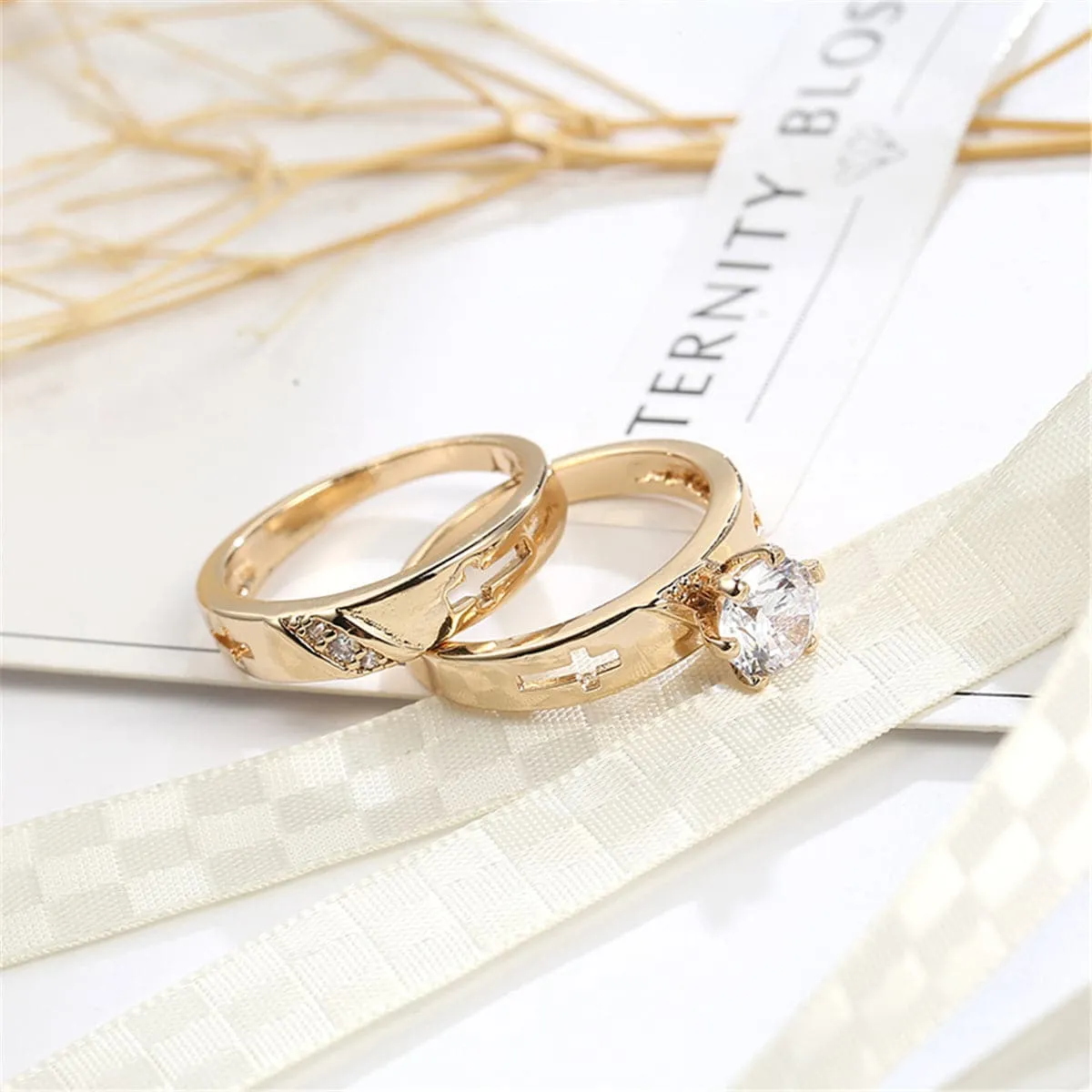 Crystal & Cubic Zirconia 18K Gold-Plated Cross Ring Set