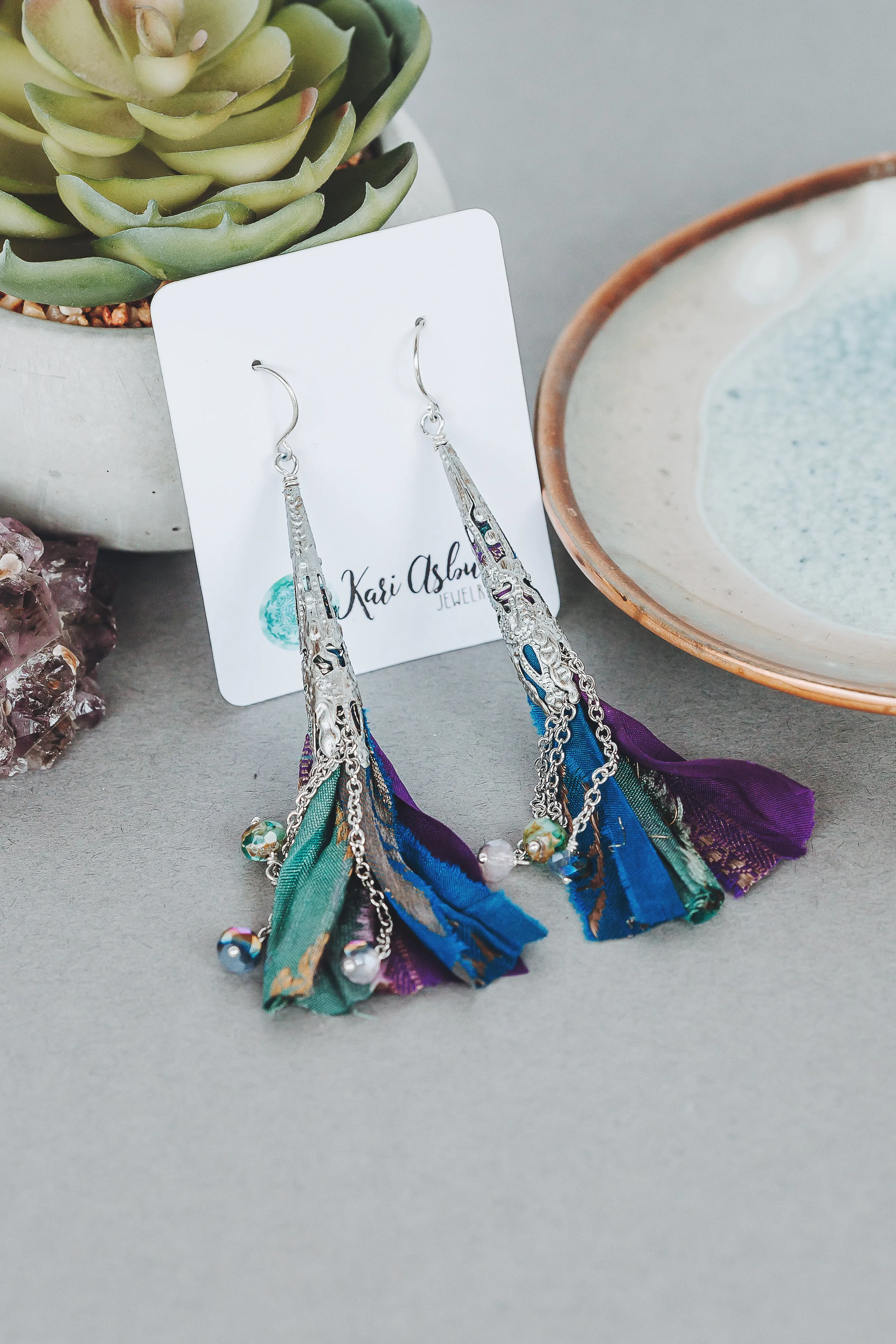 Crystal and Sari Ribbon Tassel Earrings