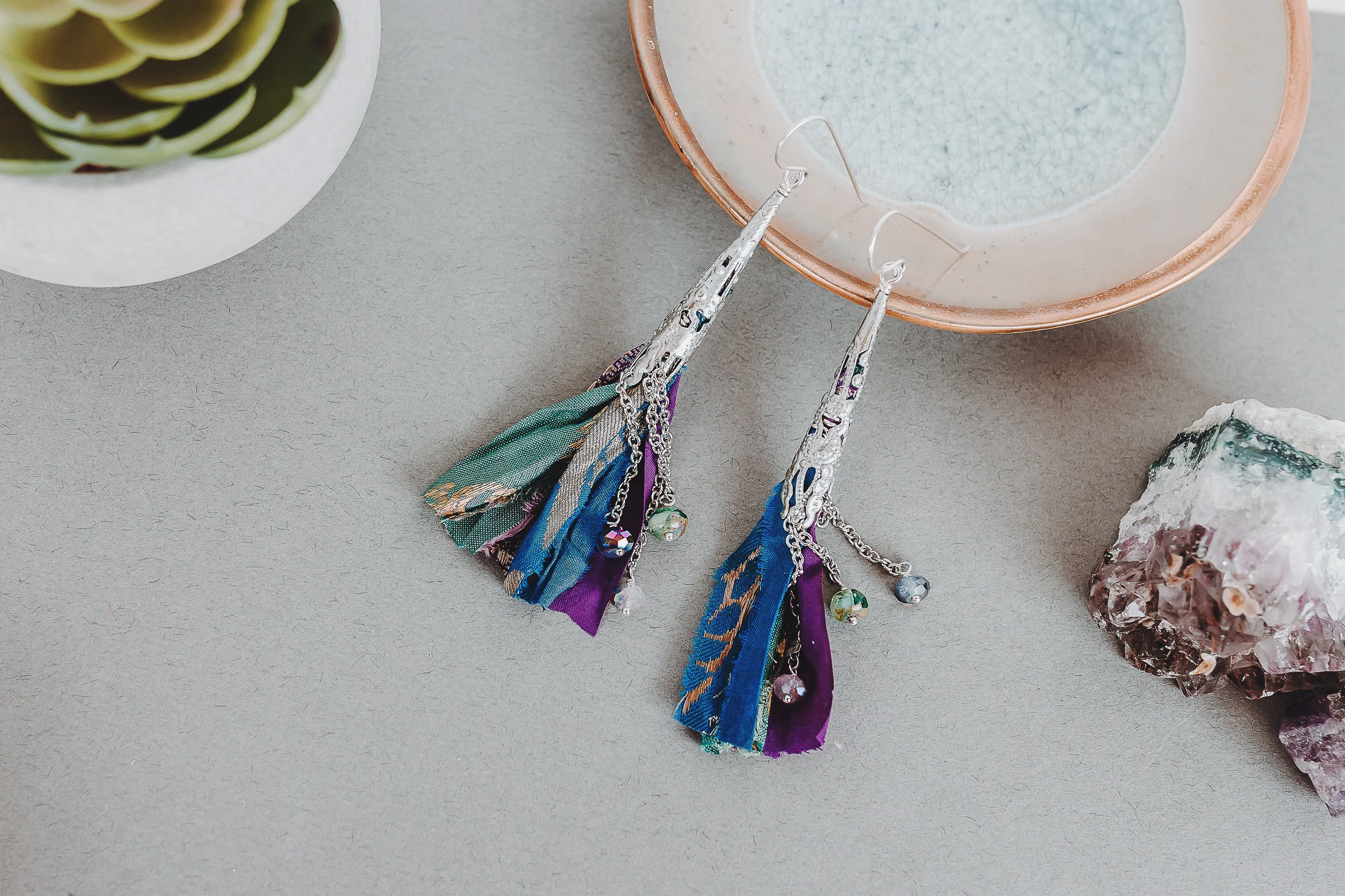 Crystal and Sari Ribbon Tassel Earrings