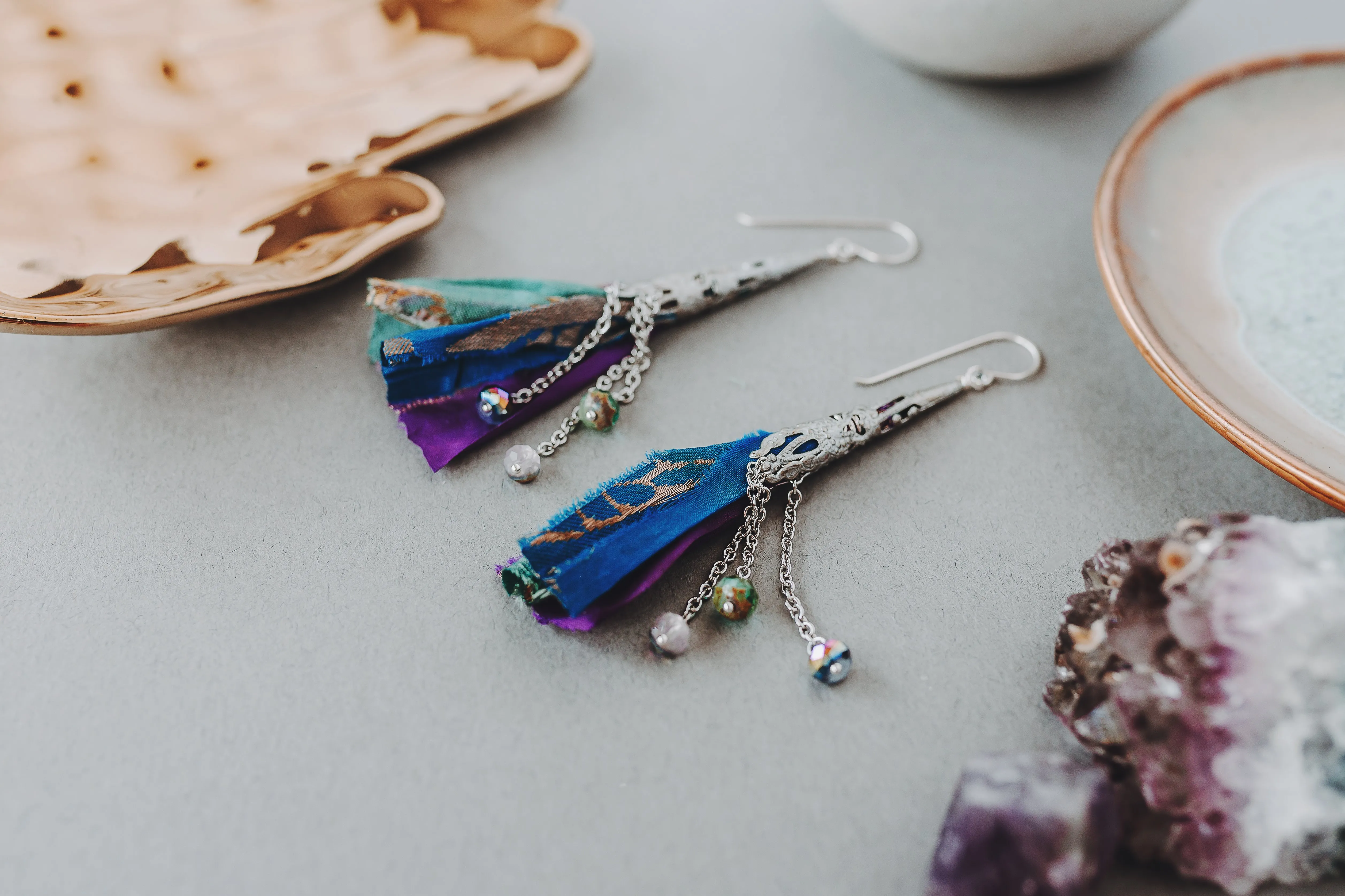 Crystal and Sari Ribbon Tassel Earrings