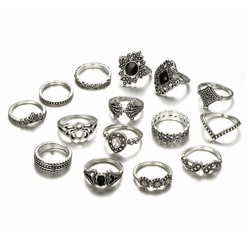 Crystal Flower Ring Set - 15 High-Quality Zinc Alloy Rings in Various Sizes