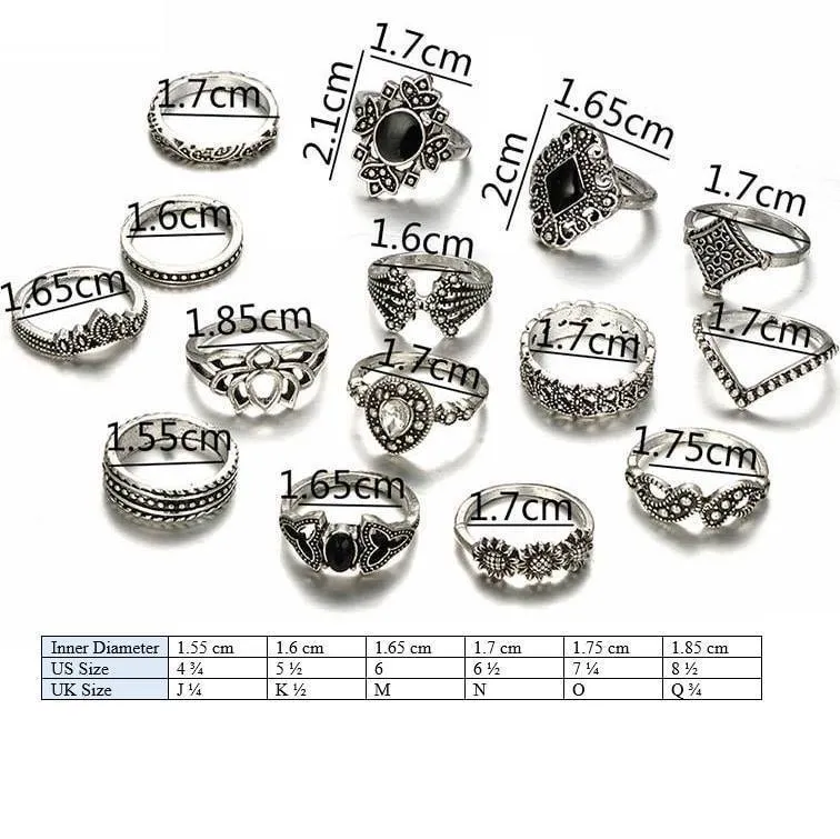 Crystal Flower Ring Set - 15 High-Quality Zinc Alloy Rings in Various Sizes