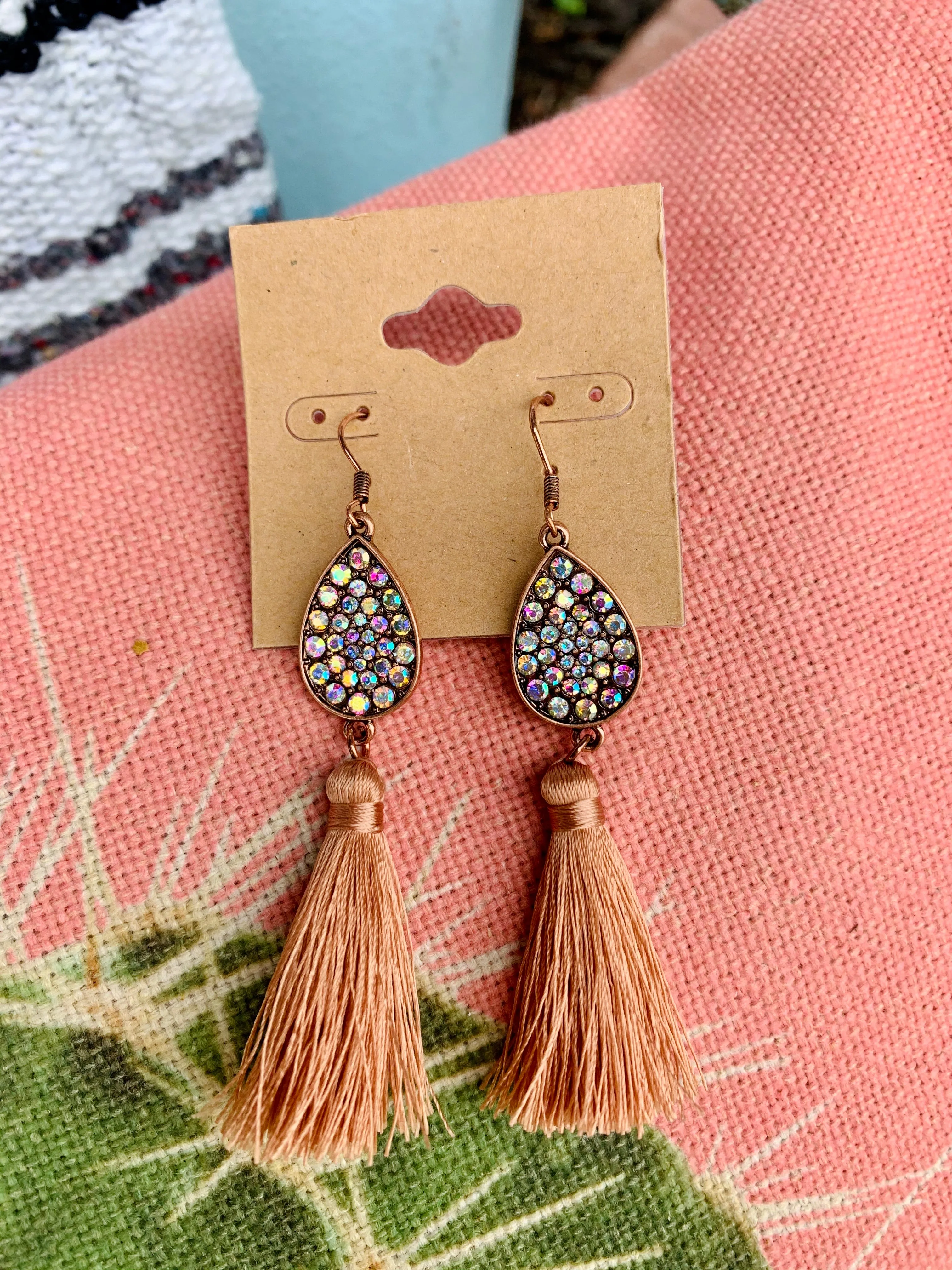 Crystal Teardrop & Blush Tassel Earrings