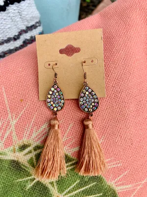 Crystal Teardrop & Blush Tassel Earrings