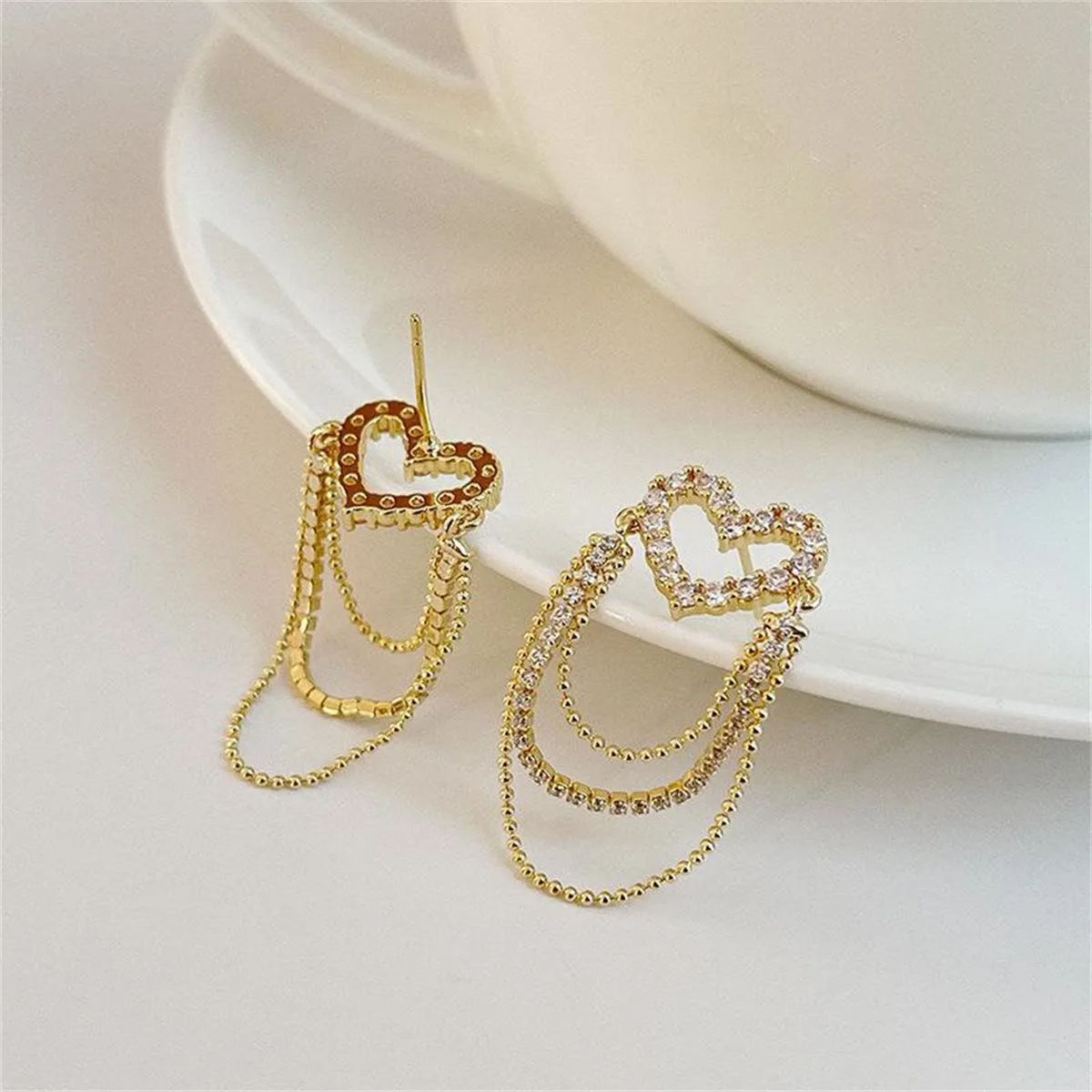 Cubic Zirconia & 18K Gold-Plated Heart Bead Tassel Drop Earrings