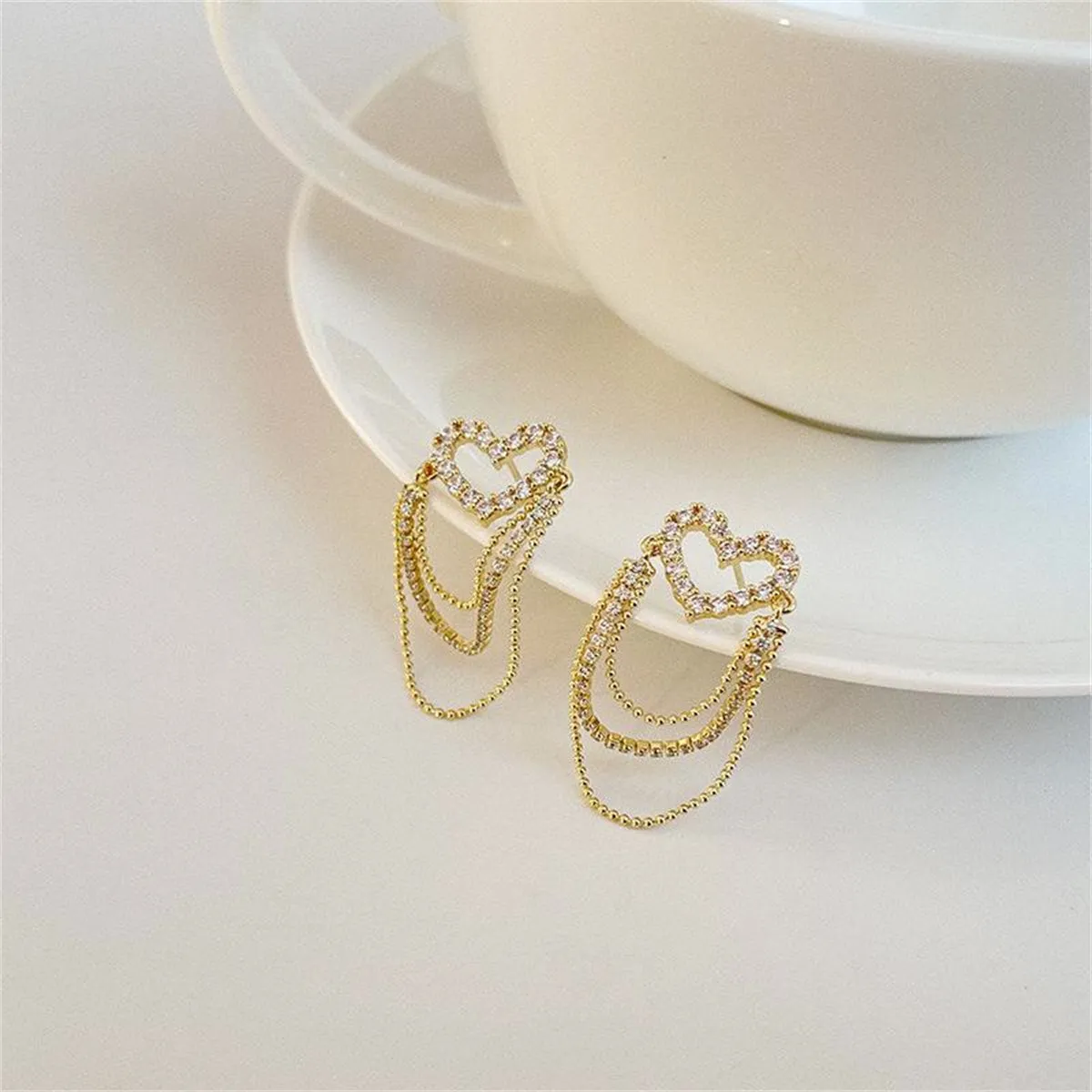 Cubic Zirconia & 18K Gold-Plated Heart Bead Tassel Drop Earrings