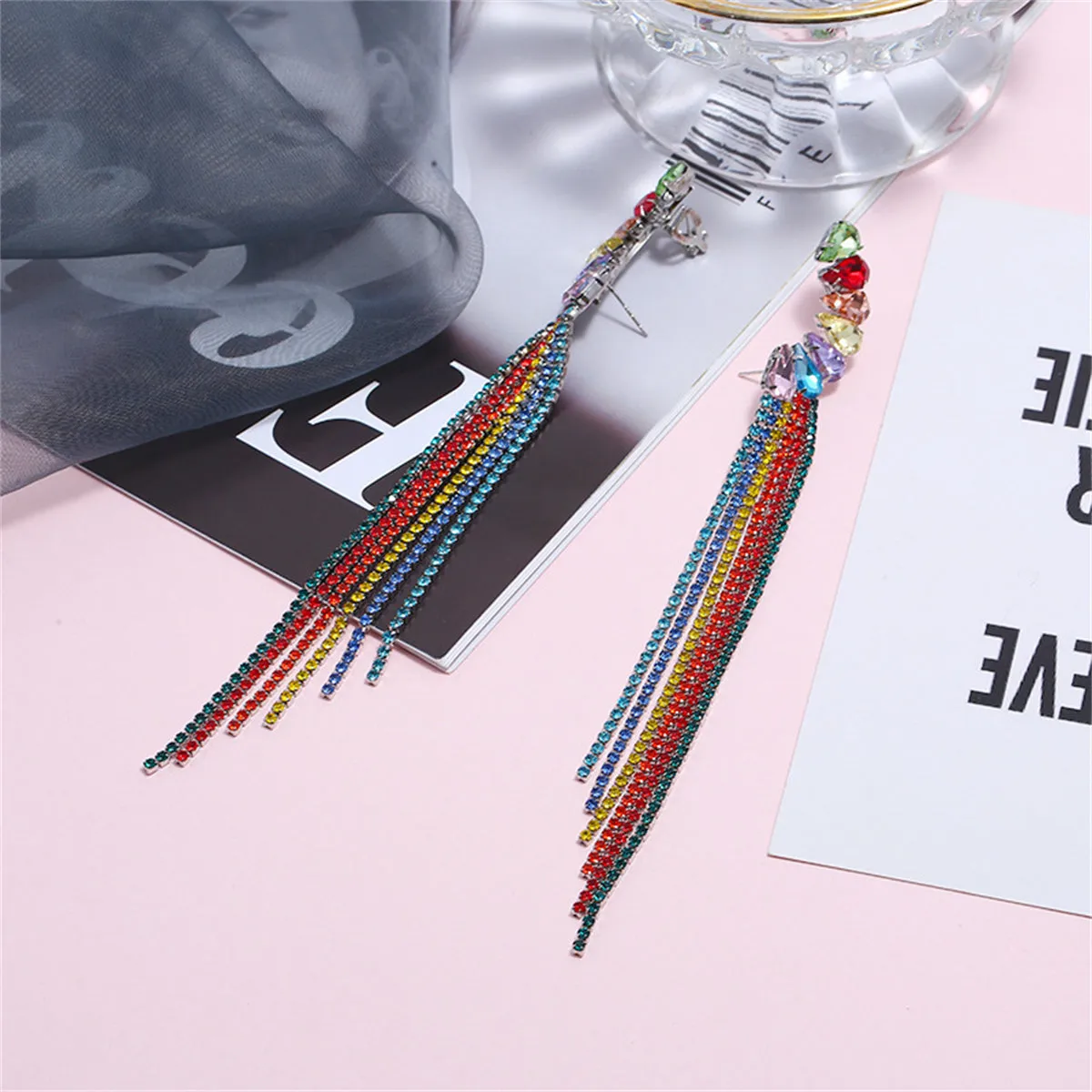 Cubic Zirconia & Crystal Cluster Tassel Drop Earrings