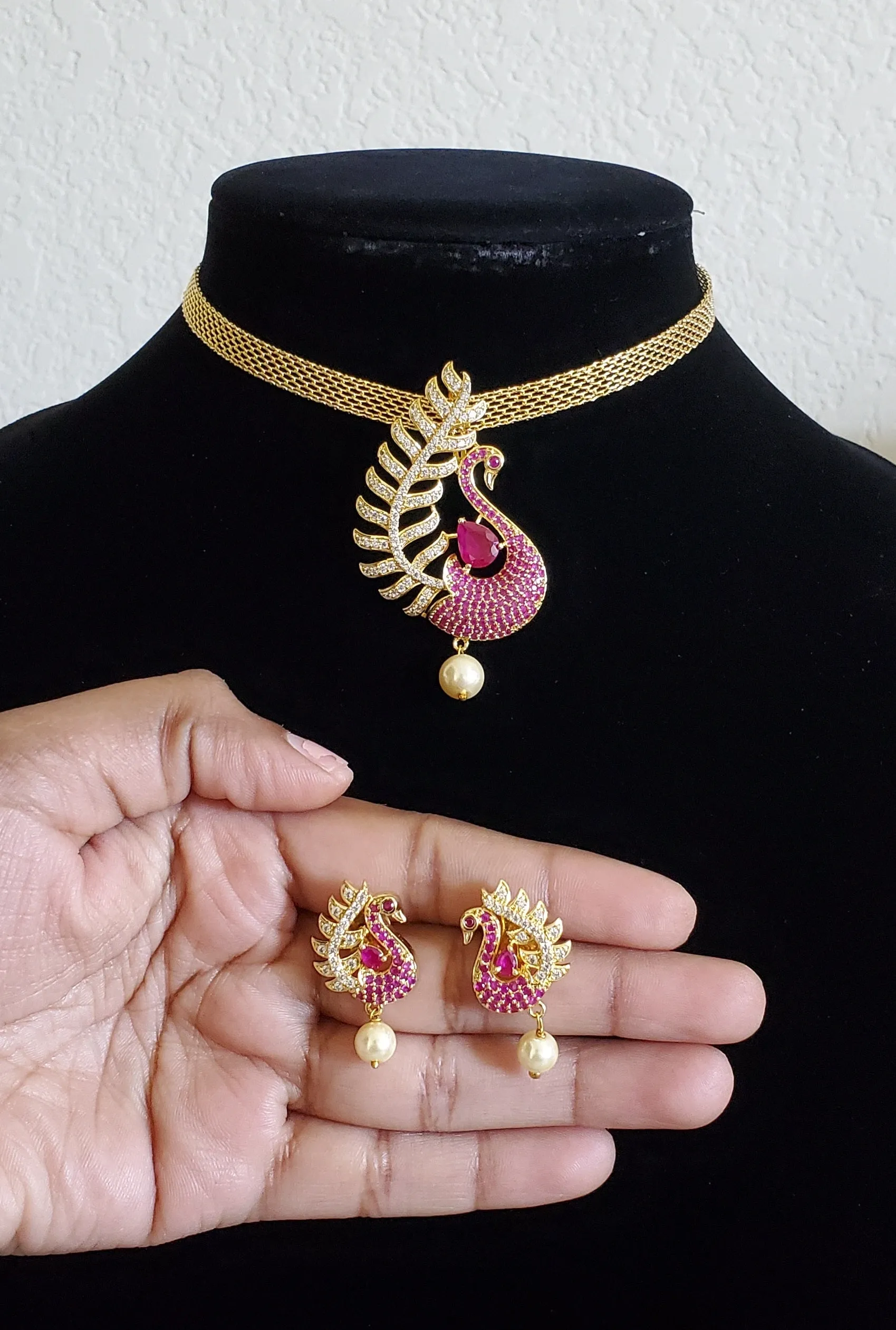 Cz Peacock Pendant Set With Gold Plating Ruby