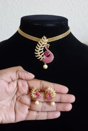 Cz Peacock Pendant Set With Gold Plating Ruby