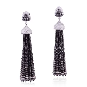 Diamond 18K Solid White Gold Designer Tassel Earrings Party Wear Jewelry