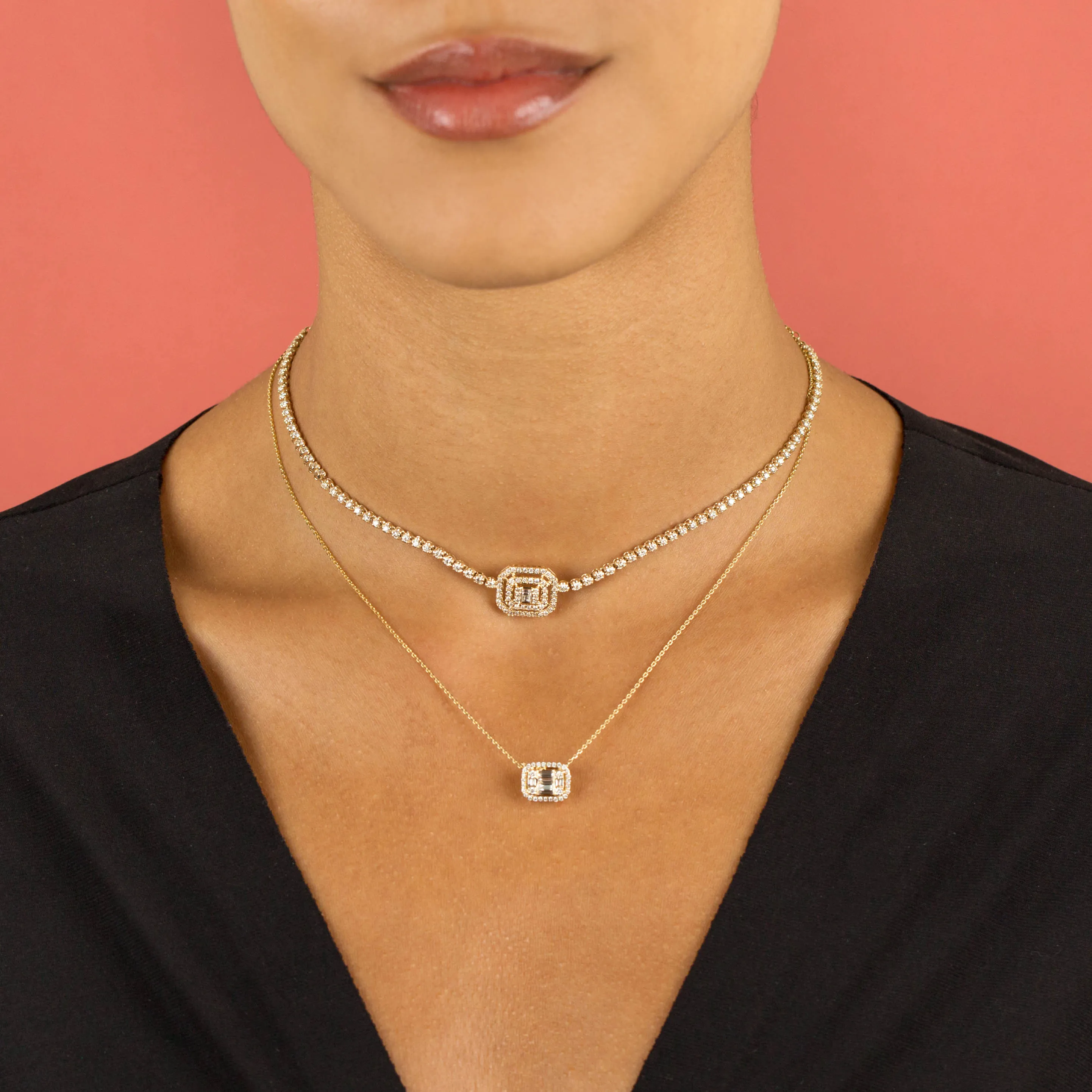 Diamond Halo Baguette Necklace 14K