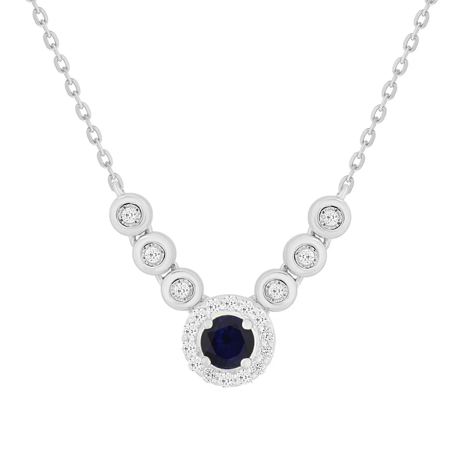 Diamond Halo Color Stone Center Bezel Set Chevron Necklace
