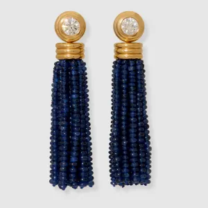 Diamond Round Bezel Studs with Blue Sapphire Tassels, 18K Yellow Gold