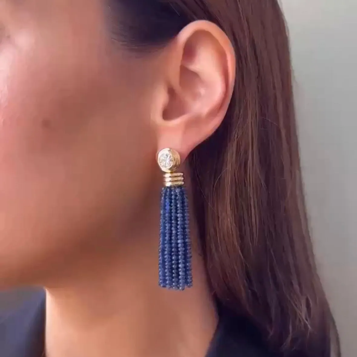 Diamond Round Bezel Studs with Blue Sapphire Tassels, 18K Yellow Gold
