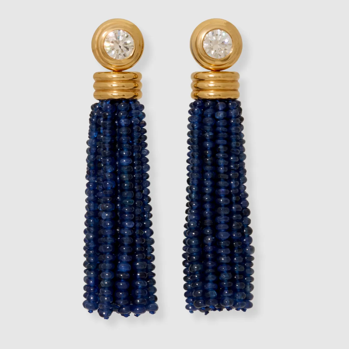 Diamond Round Bezel Studs with Blue Sapphire Tassels, 18K Yellow Gold
